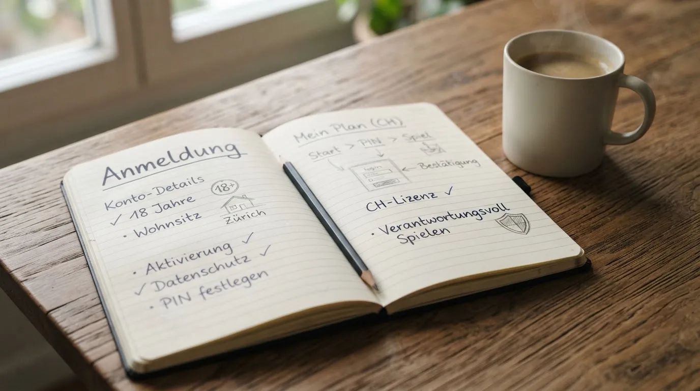 Ein aufgeschlagenes Notizbuch mit handschriftlichen Skizzen neben einem Bleistift und einer Kaffeetasse auf einem Holztisch.