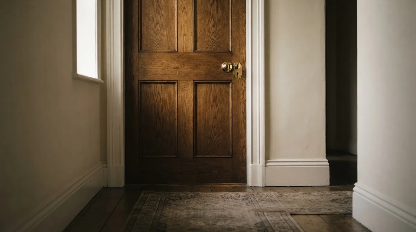 Eine geschlossene Holztür mit Messinggriff in einem stillen Flur, weiches Tageslicht fällt durch ein Seitenfenster.