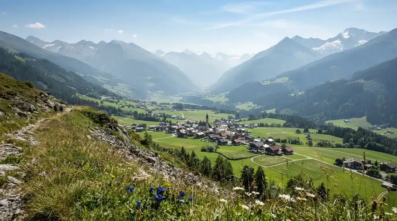 Weite Sicht über ein Alpental mit Dorf, Wiesen und Kirchturm, dahinter Berggipfel im leichten Dunst.