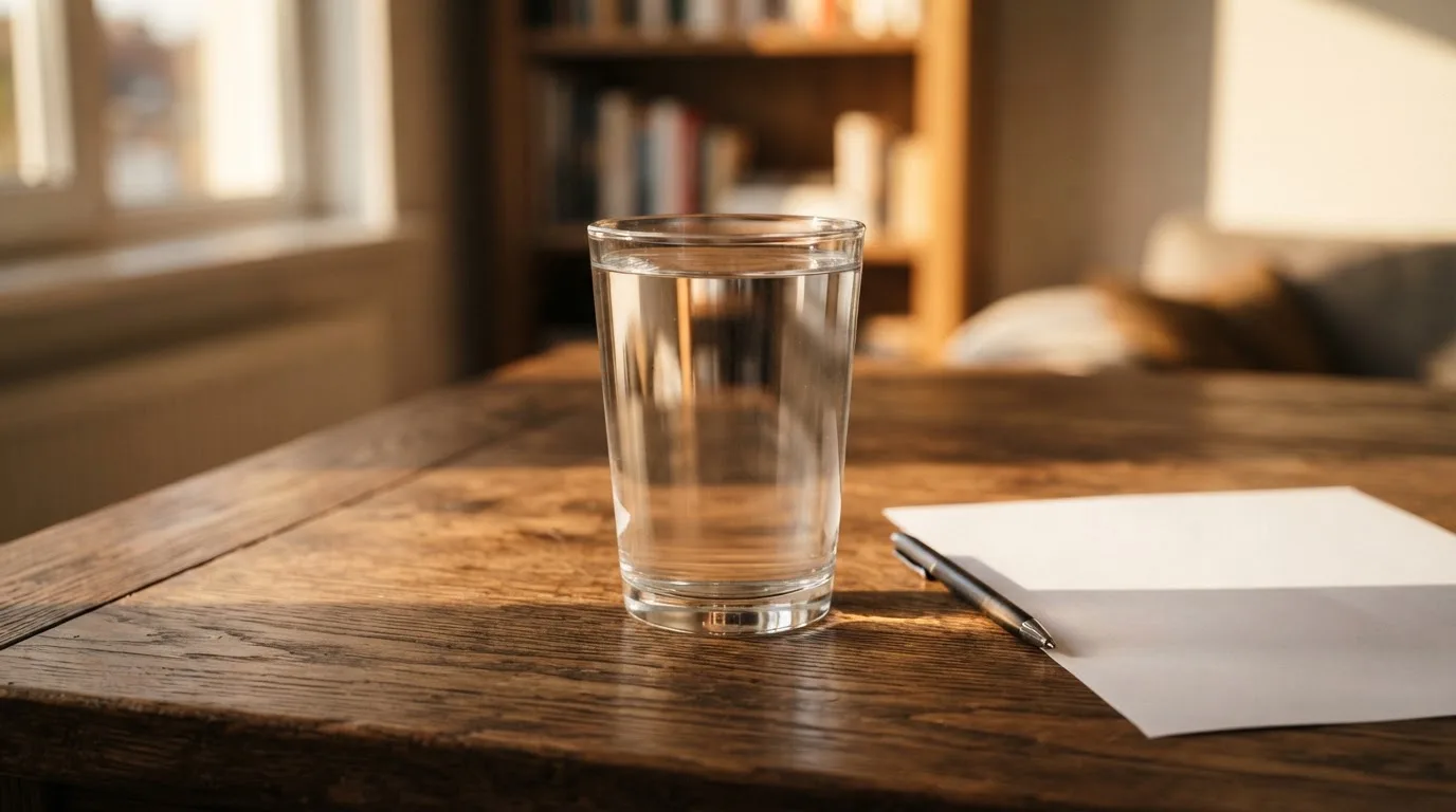 Ein Glas steht bis zum Rand gefüllt auf einem Holztisch, daneben ein Kugelschreiber und ein leeres Blatt Papier im Seitenlicht.