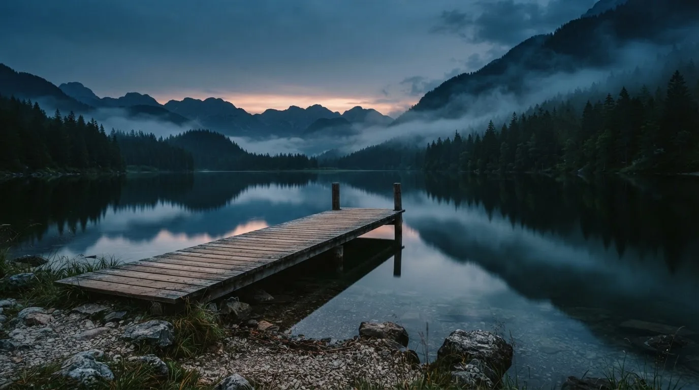 Ein Bergsee in der Dämmerung mit einem leeren Holzsteg, die Wasseroberfläche ist ruhig und Nebel zieht über die Hänge.