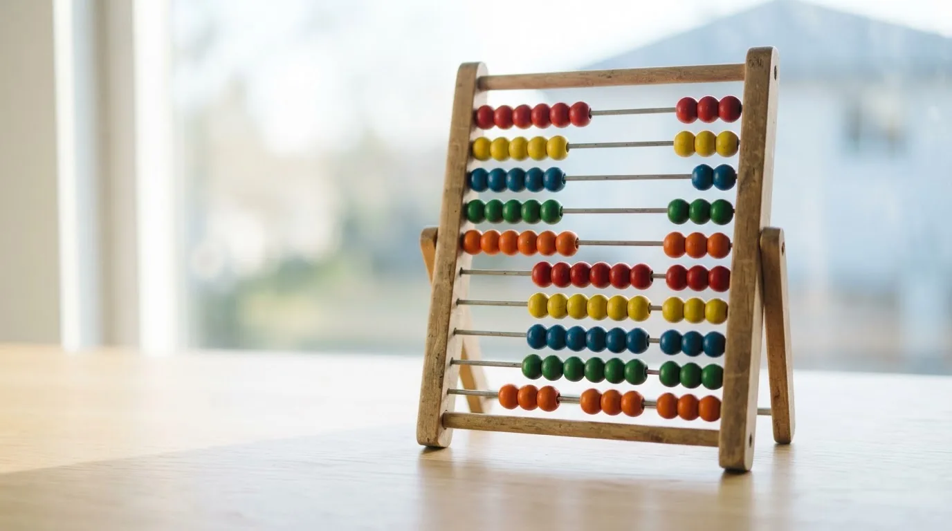 Ein Abakus mit bunten Holzperlen steht auf einem hellen Schreibtisch vor einem unscharfen Fenster.