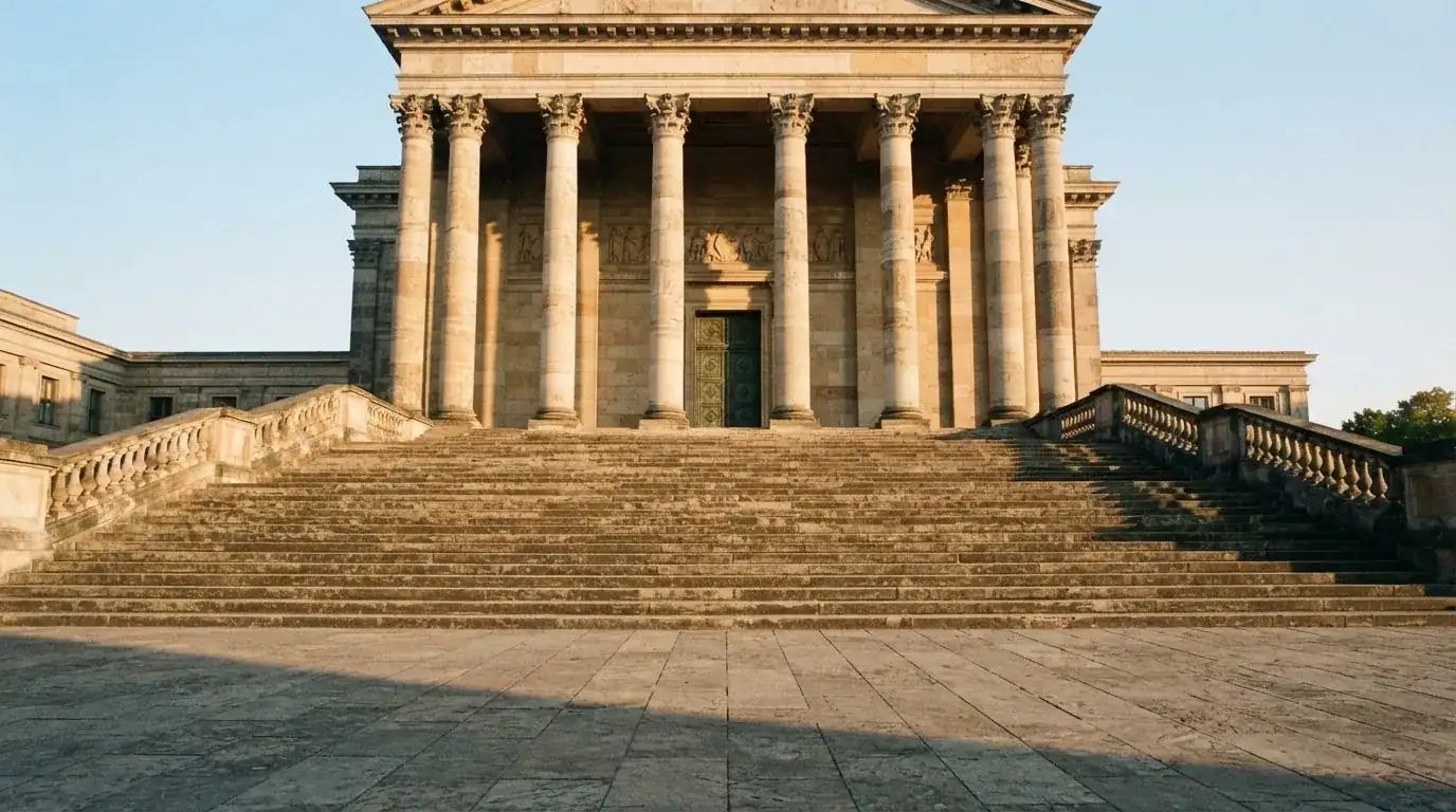 Eine steinerne Treppe führt zu einem Portal mit Säulen im Morgenlicht, der Platz davor ist leer.