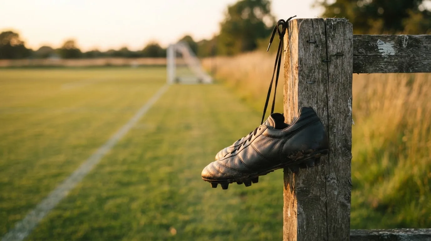 Ein Fussballschuh hängt an den Schnürsenkeln an einem Zaunpfosten neben einem Trainingsplatz im Abendlicht.