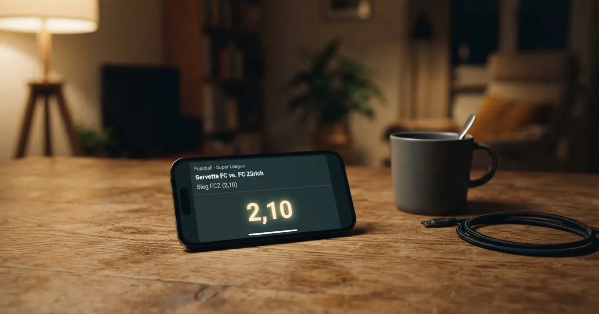 Ein Smartphone mit dunklem Display liegt auf einem Holztisch neben einem Ladekabel und einer Kaffeetasse.